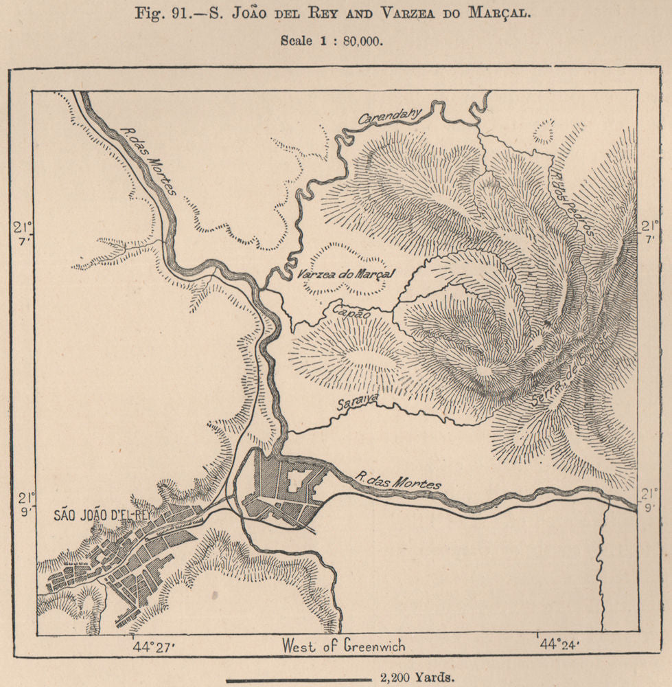 São João/Sao Joao del Rei/Rey and Varzea do Marçal.Brazil.Minas Gerais 1885 map